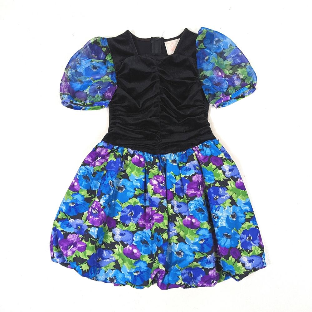 Vintage Eber Dress Girls Size 6x Blue Floral Velvet Party Bubble Hem
